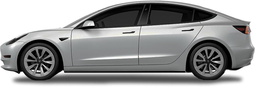 Silver Tesla Model 3 shown from the side with uniformly dark tinted windows and sleek aerodynamic lines.