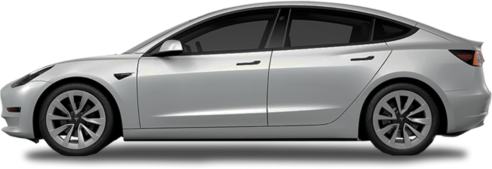 Side profile of a silver Tesla Model 3 with evenly tinted windows and aerodynamic styling.