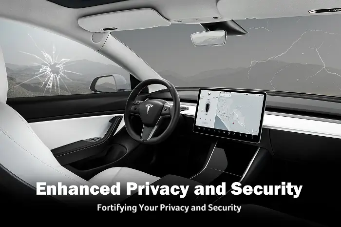 Interior view of a Tesla showing shattered glass on side and rear windows, with text overlay reading “Enhanced Privacy and Security – Fortifying Your Privacy and Security.”