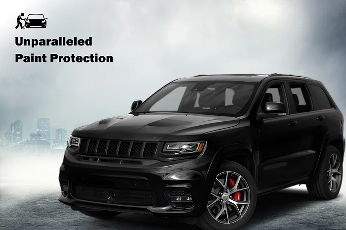 Glossy black SUV with red brake calipers parked against a misty city skyline backdrop, accompanied by the text "Unparalleled Paint Protection" and an icon of a person applying coating to a car.