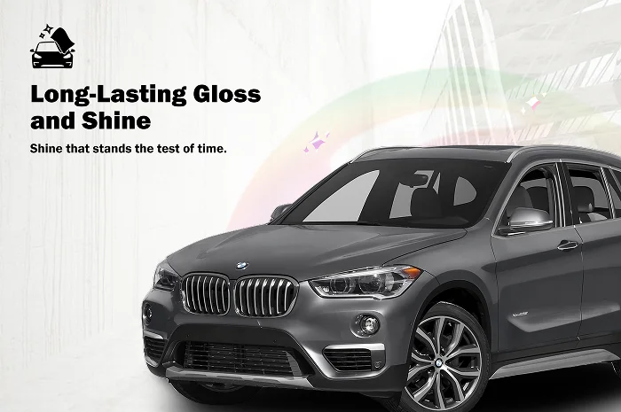 Shiny gray BMW SUV with a reflective finish parked in front of a modern, abstract background, alongside the text "Long-Lasting Gloss and Shine – Shine that stands the test of time."
