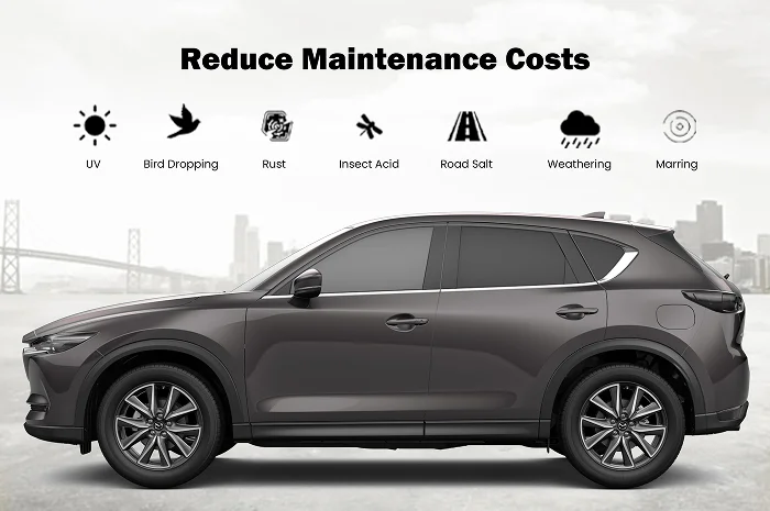 Side view of a dark gray SUV with a polished finish, displayed under icons and text highlighting protection from UV rays, bird droppings, rust, insect acid, road salt, weathering, and marring, with the headline "Reduce Maintenance Costs."