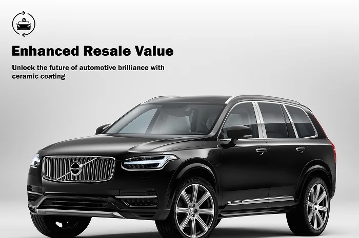 Black Volvo SUV with a sleek, polished finish positioned beside text reading "Enhanced Resale Value – Unlock the future of automotive brilliance with ceramic coating."