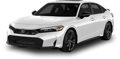 Front-side view of a white Honda Civic Si sedan with dark-tinted windows and sporty black wheels.