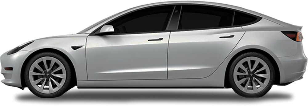 Side view of a silver Tesla Model 3 with tinted windows and a sleek, aerodynamic design.
