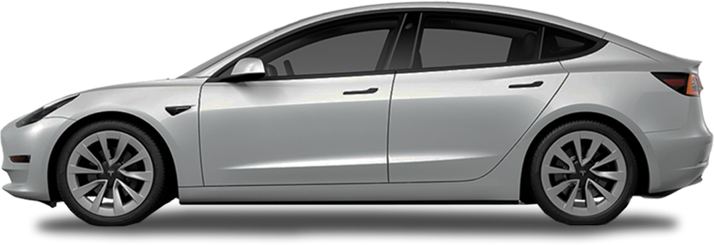 Silver Tesla Model 3 viewed from the driver side, featuring subtle window tint and clean, modern lines.