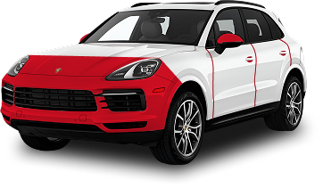 White Porsche SUV with red-highlighted areas on the front bumper, hood, mirrors, and door edges, illustrating zones typically protected by paint protection film (PPF).