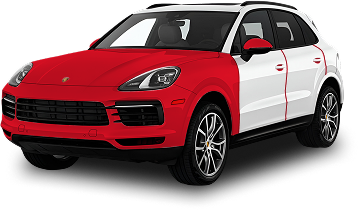 A Porsche SUV shown in a two-tone color scheme with the front half in red and the rear half in white, highlighting a custom paint or wrap design.